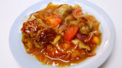 豚こまの丸め焼き 甘酢あん