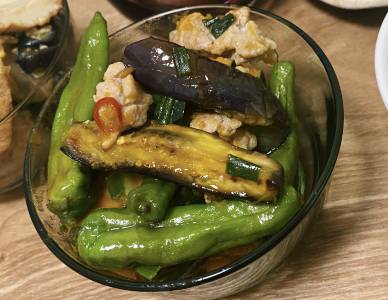 素揚げ野菜と豚肉の和風あんかけ