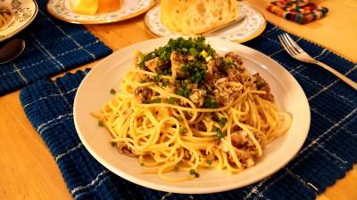 みょうがとさば缶の冷製パスタ