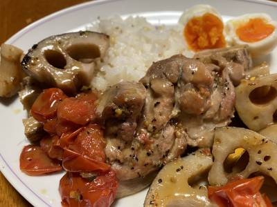 れんこんとチキンのトマト蒸し煮