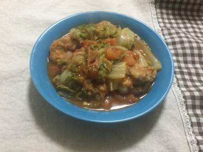焼き白菜と鶏肉のみそトマト煮