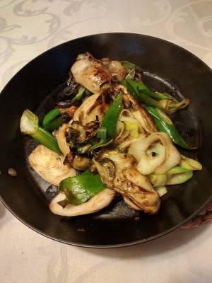 ねぎとかきのバターじょうゆ炒め