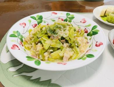 春キャベツとグリンピースのスープリゾット