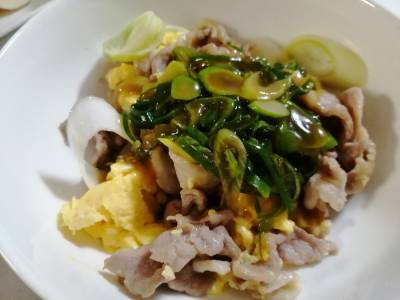 ねぎたっぷり!肉卵炒めオイスターあんかけ