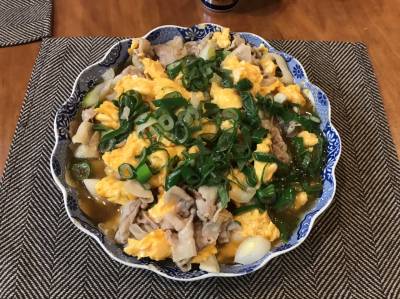 ねぎたっぷり！肉卵炒めオイスターあんかけ