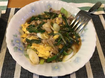 ねぎたっぷり！肉卵炒めオイスターあんかけ