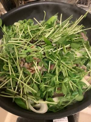 豚こまと豆苗の塩昆布炒め