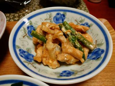 アスパラと鶏肉のオイマヨ炒め