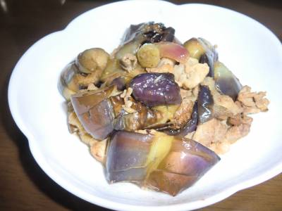 豚肉、なす、みょうがの酢炒め