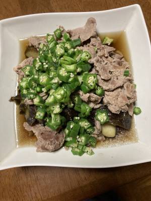豚肉となすの昆布煮オクラかけ