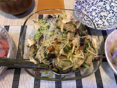 ゆでなすとささ身の春雨あえ