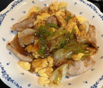 ねぎたっぷり!肉卵炒めオイスターあんかけ