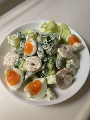 春野菜とえびのわさびマヨネーズあえ