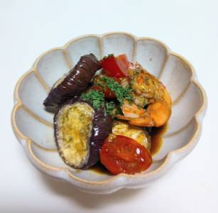 なすとえびの黒酢マリネ
