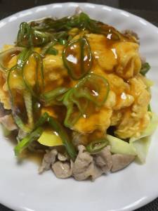 ねぎたっぷり！肉卵炒めオイスターあんかけ