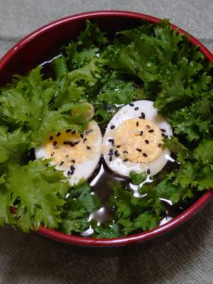 ゆで卵とサラダ野菜のみそ汁