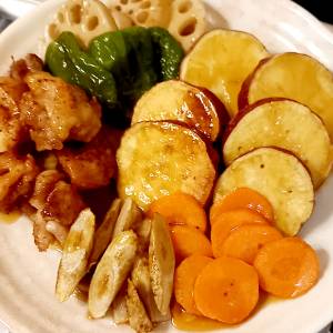 揚げさつまいもと根菜の甘酢あん