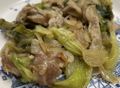 らっきょうと豚肉とレタスのサッと炒め