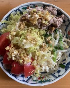 豚から揚げと夏野菜の黒酢だれ