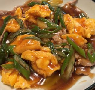 ねぎたっぷり！肉卵炒めオイスターあんかけ