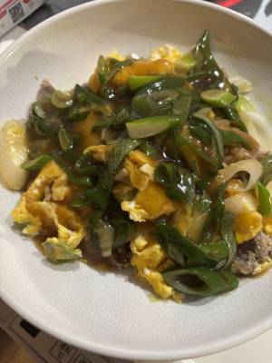 ねぎたっぷり！肉卵炒めオイスターあんかけ